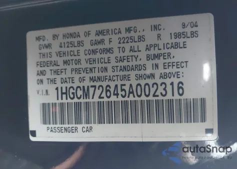 2005 Honda Accord 2.4 Ex из США, поврежденный, VIN 1HGCM72645A002316